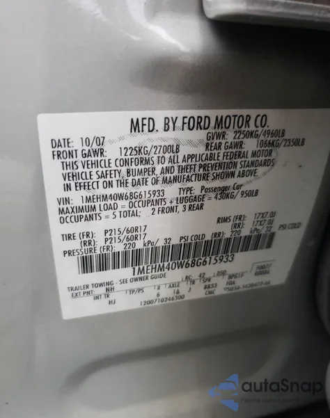 2008 Mercury Sable Luxury from USA, damaged, VIN 1MEHM40W68G615933